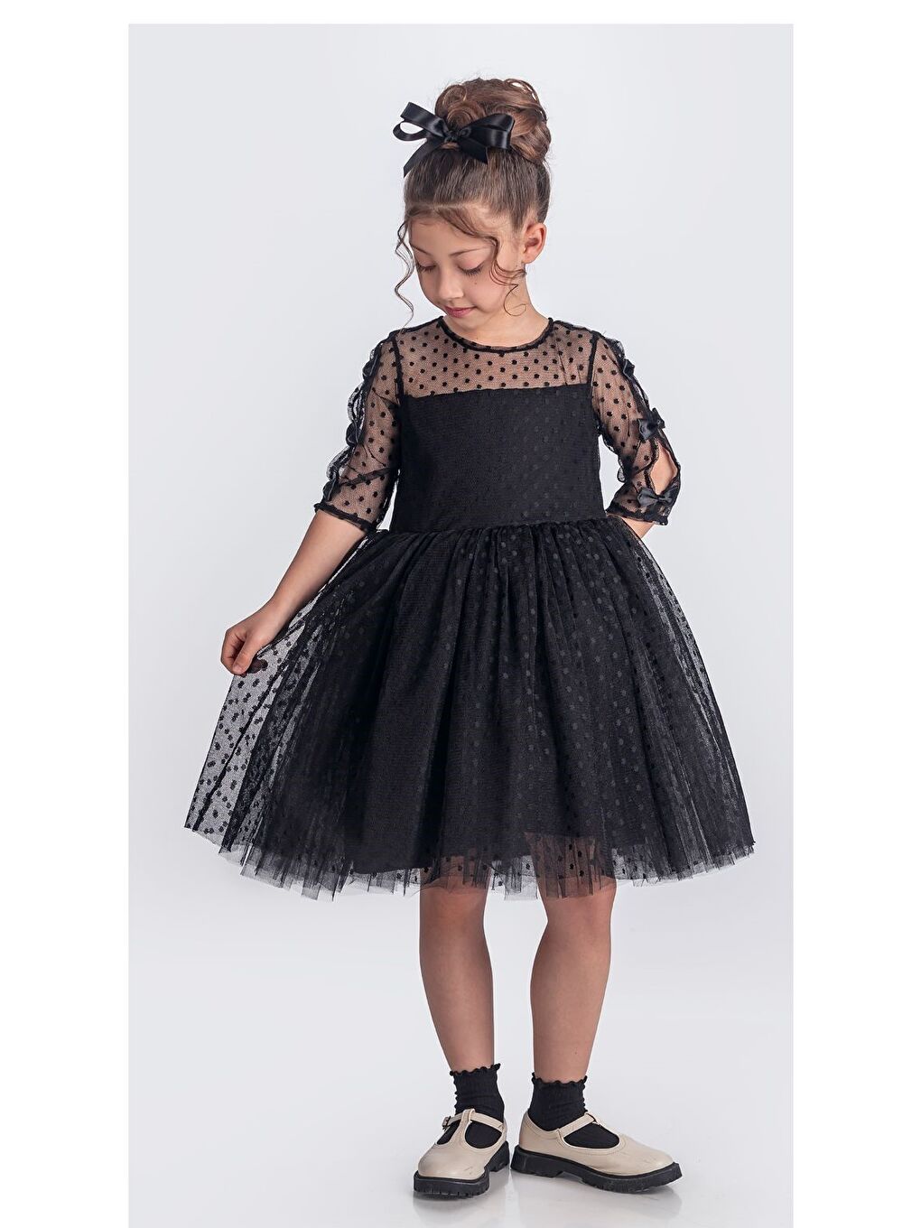 Siyah Dantel Puanlı, Uzun Kol Prenses Kız Çocuk Elbise M00707-8