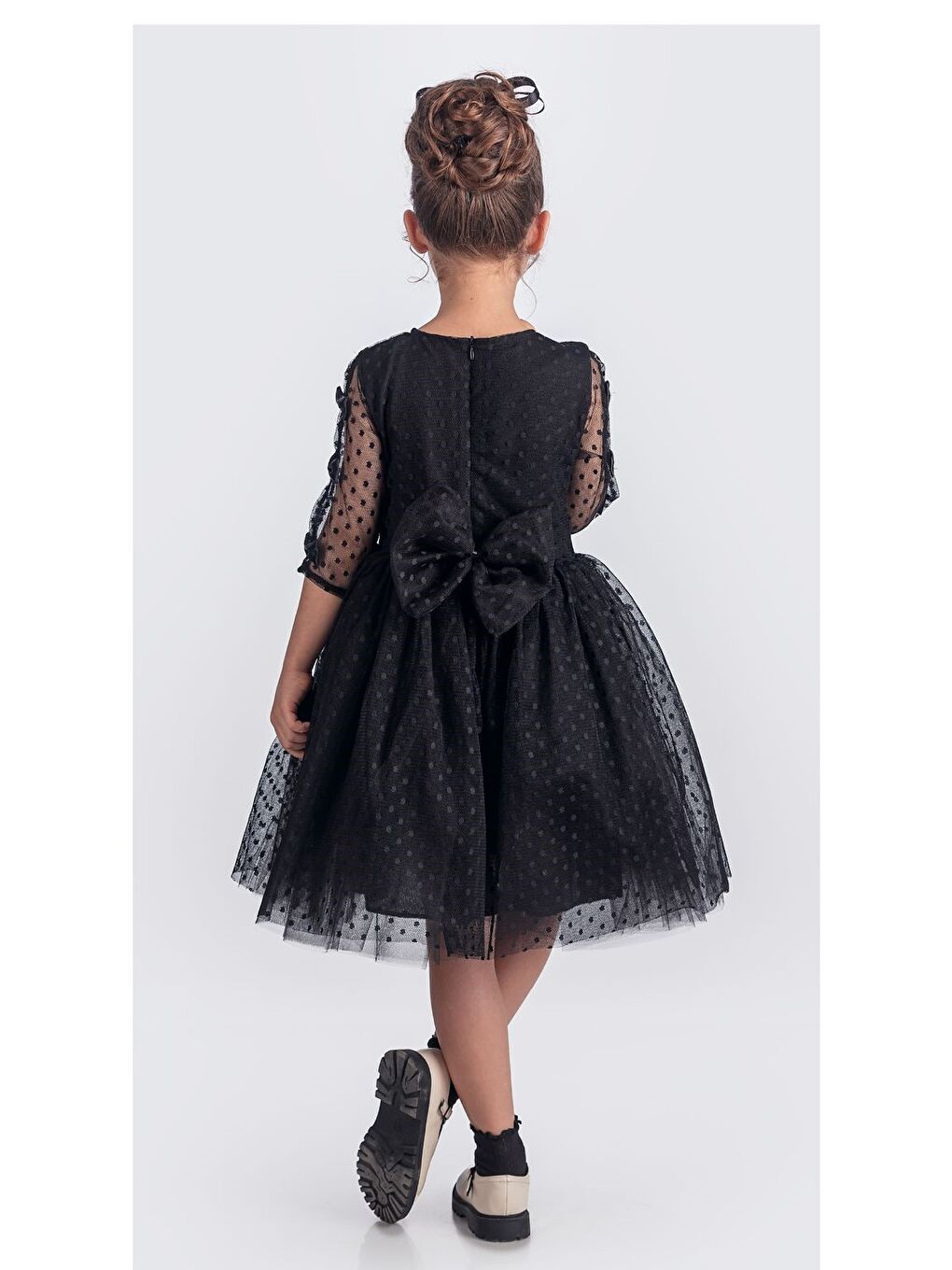 Siyah Dantel Puanlı, Uzun Kol Prenses Kız Çocuk Elbise M00707-9