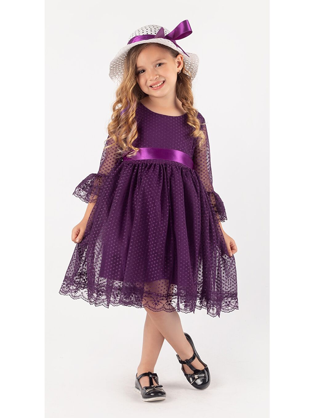 Mürdüm Double Şapka Fiyonk Puantiyeli Dönem Elbise-2