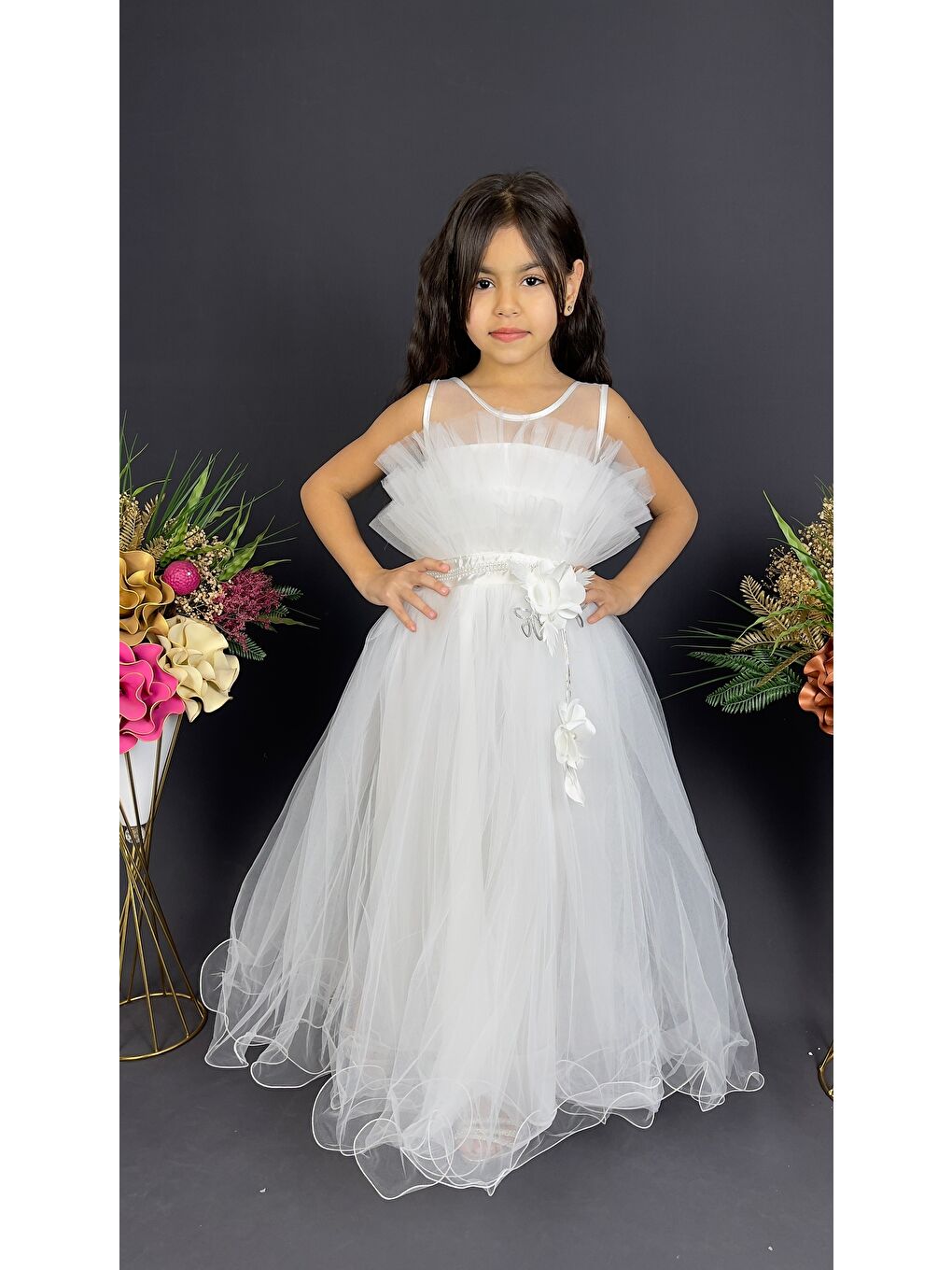 Beyaz Kız Çocuk Robası Katlı Özel Abiye Elbise MNK0475-8
