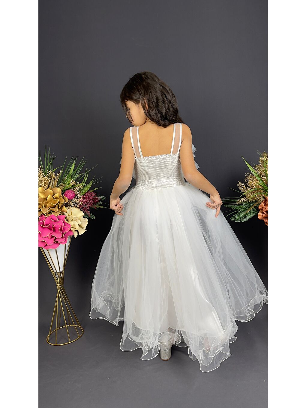 Beyaz Kız Çocuk Robası Katlı Özel Abiye Elbise MNK0475-9