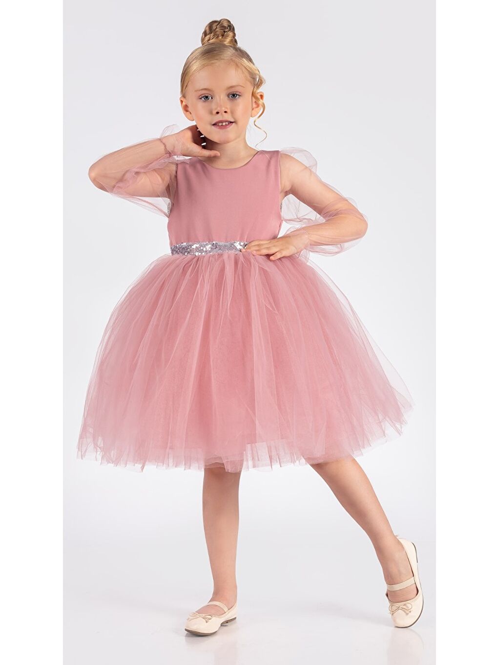 Pembe Kanatlı Kız Çocuk Şifon Kol Abiye MNK0534