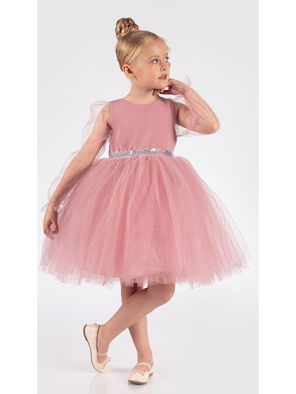 Pembe Kanatlı Kız Çocuk Şifon Kol Abiye MNK0534-5