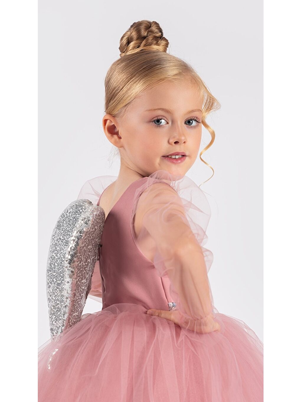 Pembe Kanatlı Kız Çocuk Şifon Kol Abiye MNK0534-6