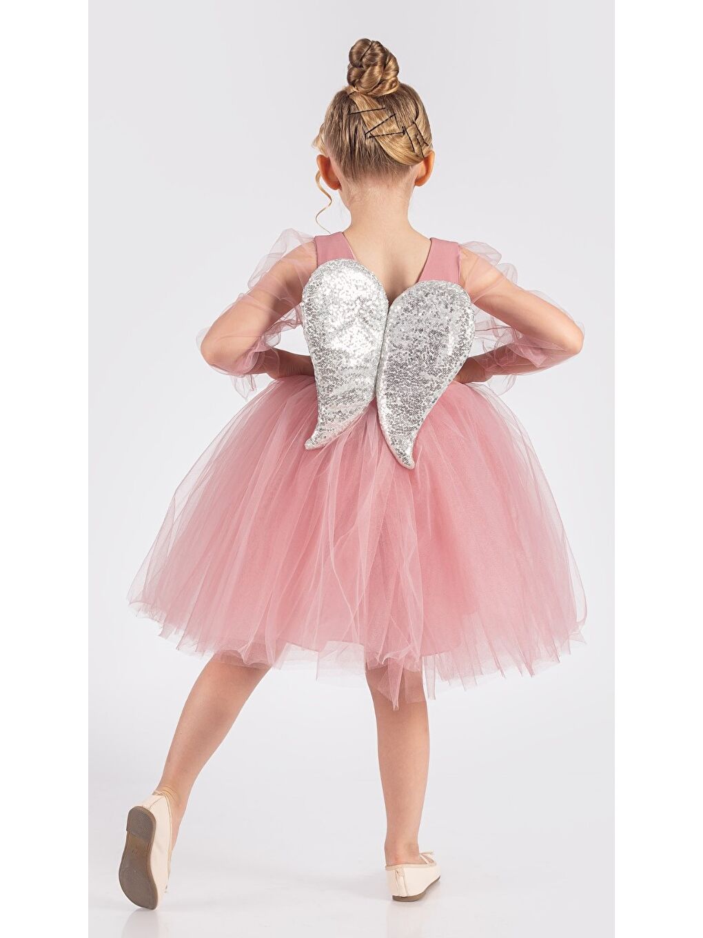 Pembe Kanatlı Kız Çocuk Şifon Kol Abiye MNK0534-8