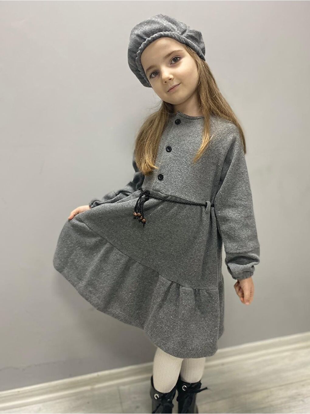 Gri Kaşe Kumaş Şapkalı Kız Çocuk Elbise MNK0559