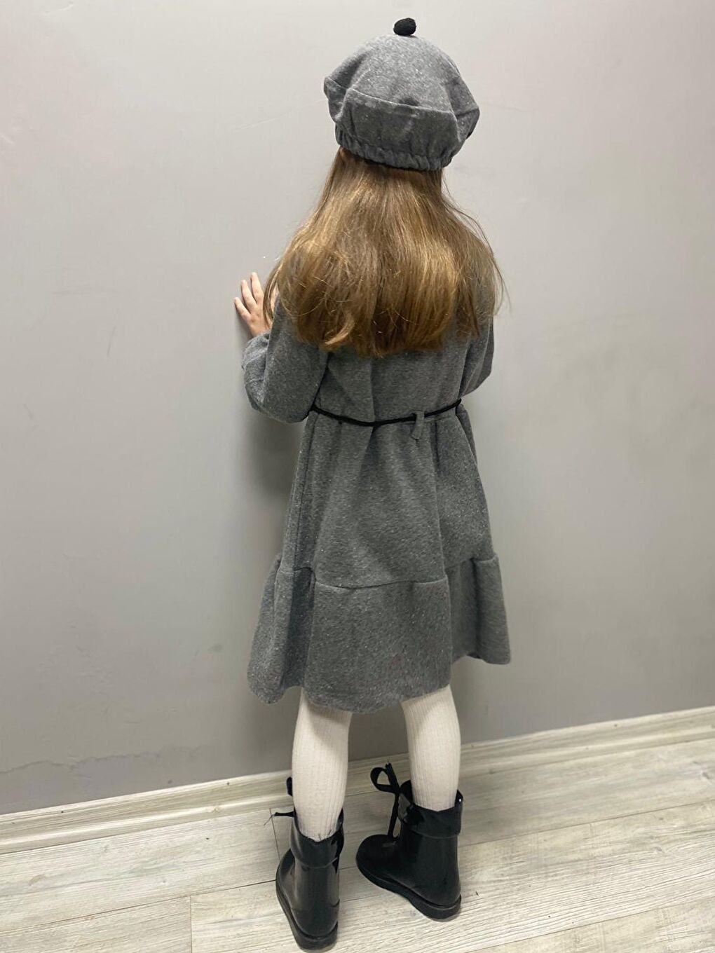 Gri Kaşe Kumaş Şapkalı Kız Çocuk Elbise MNK0559-5