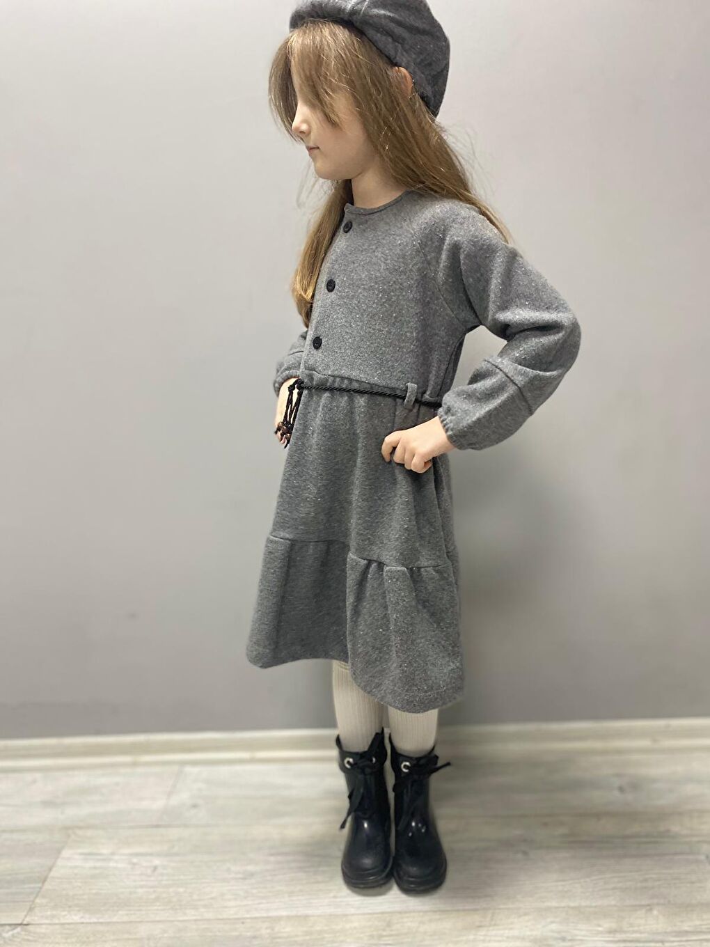 Gri Kaşe Kumaş Şapkalı Kız Çocuk Elbise MNK0559-9