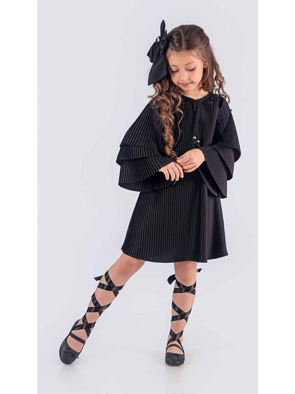 Siyah Kız Çocuk Krep Plise Elbise MNK0595-5