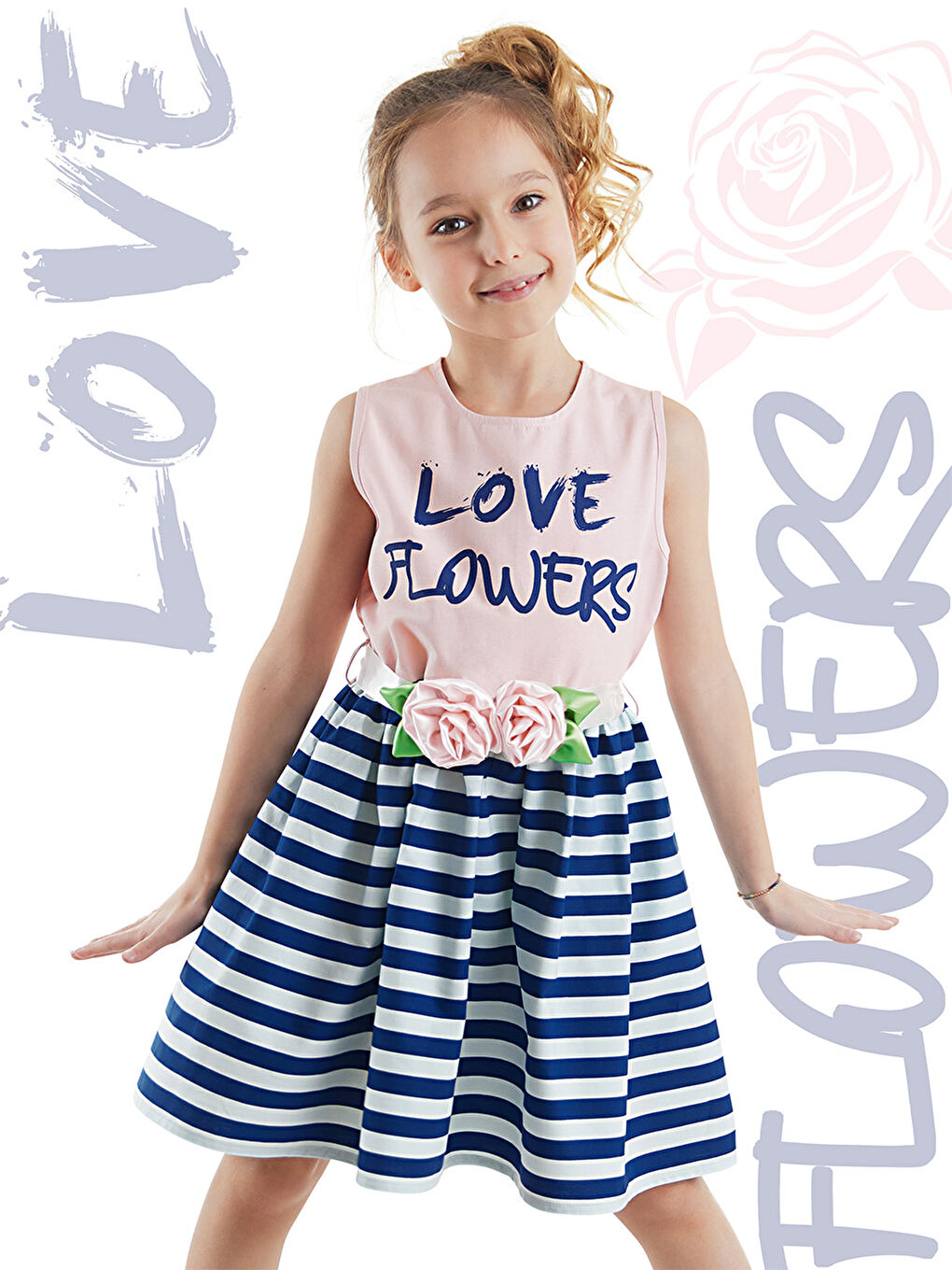 Karışık Çiçekli Çizgili Kız Çocuk Abiye Pembe Elbise-1