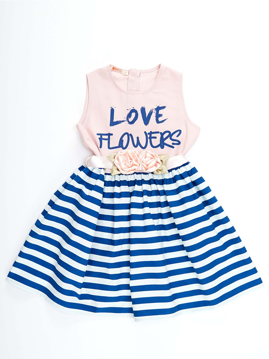 Karışık Çiçekli Çizgili Kız Çocuk Abiye Pembe Elbise-5