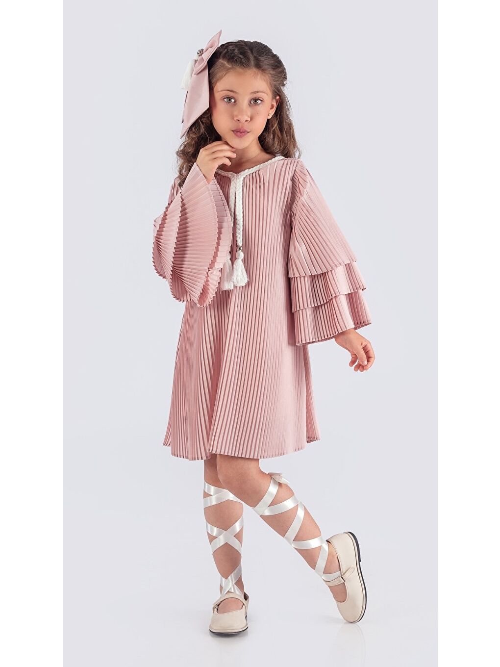 Pembe Kız Çocuk Krep Plise Elbise MNK0595-5