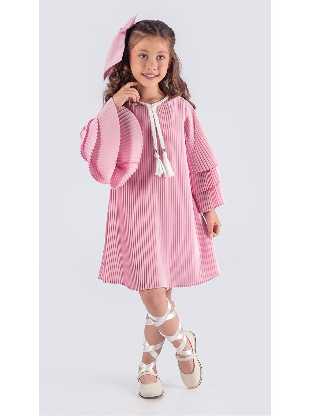 Pembe Kız Çocuk Krep Plise Elbise MNK0595-8