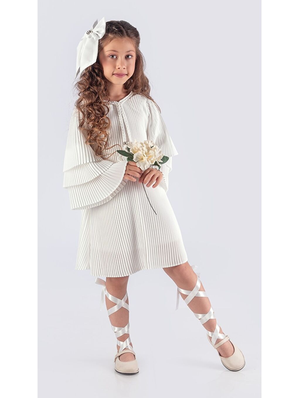 Beyaz Kız Çocuk Krep Plise Elbise MNK0595-6