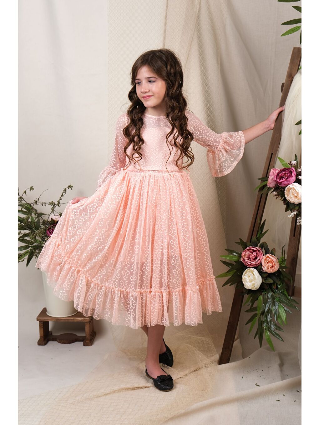 Pembe Uzun Kol Dantel Makri Kız Çocuk Elbise MNK0600-7