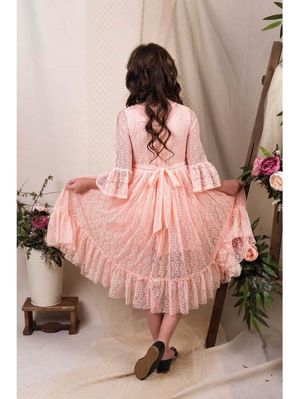Pembe Uzun Kol Dantel Makri Kız Çocuk Elbise MNK0600-8