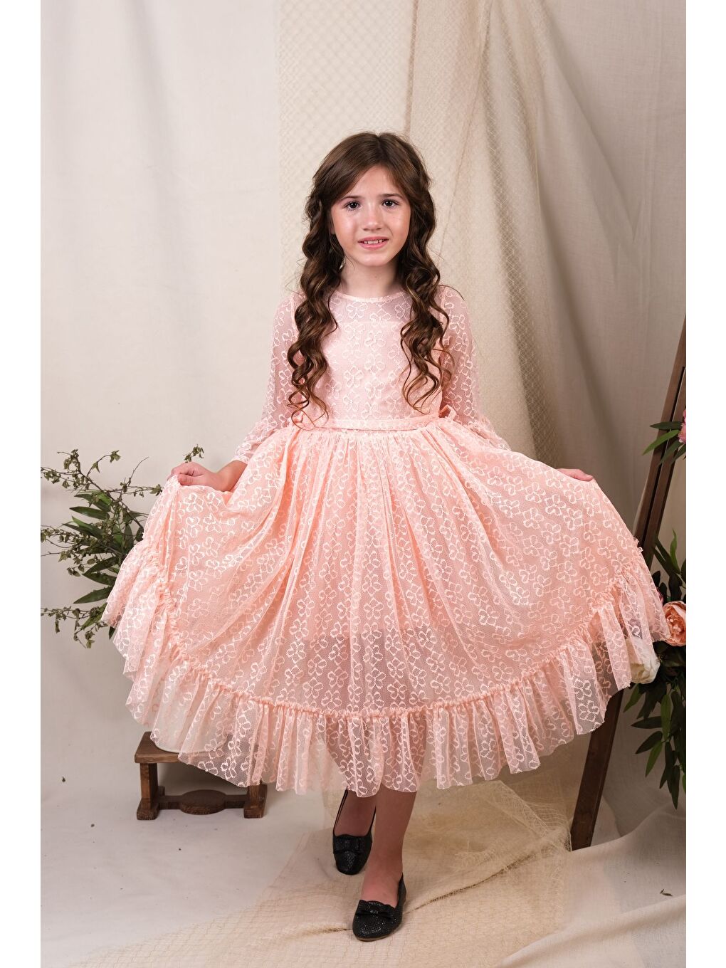 Pembe Uzun Kol Dantel Makri Kız Çocuk Elbise MNK0600-9