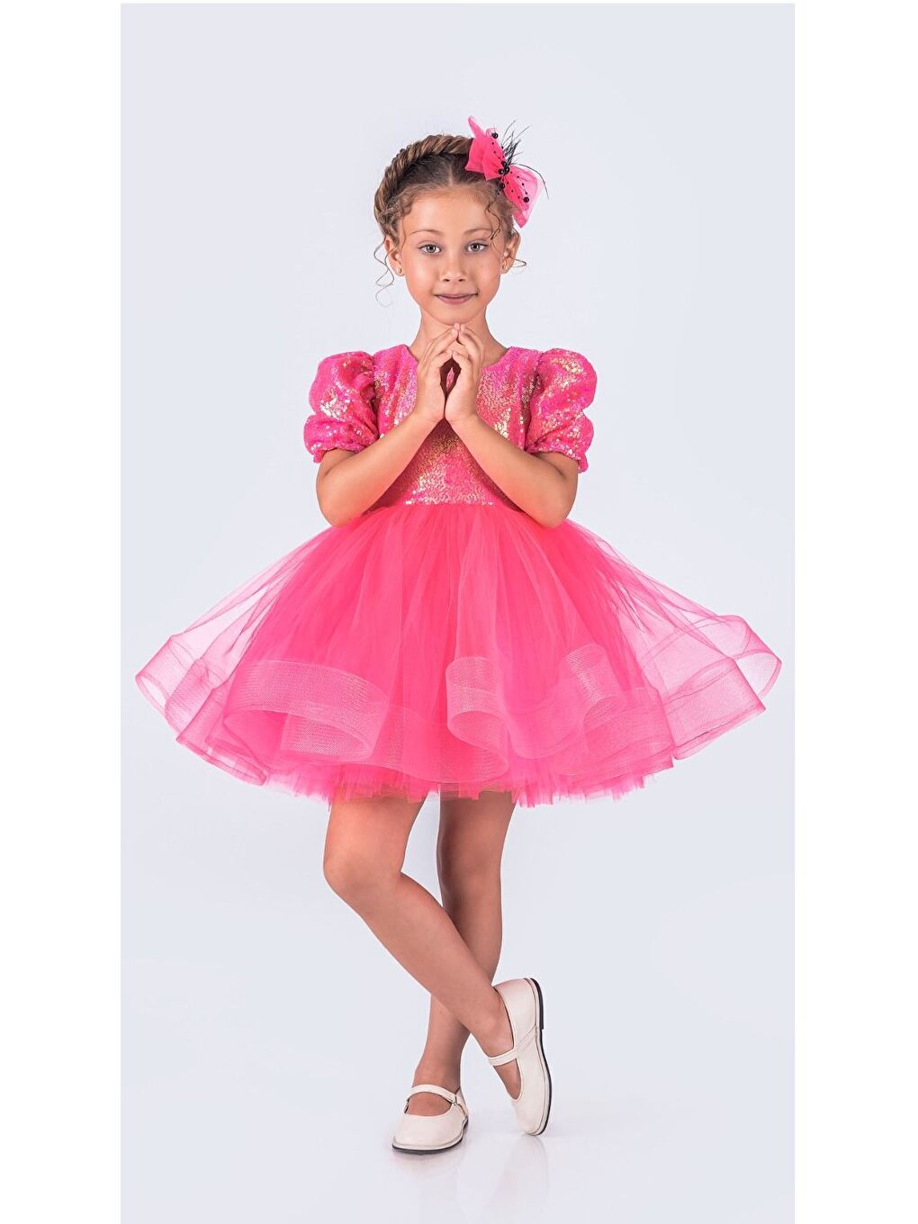 Fuşya Tütü Gren Etekli Kız Çocuk Pul Payetli Kısa Kol Kikidi Elbise MNK0601-8