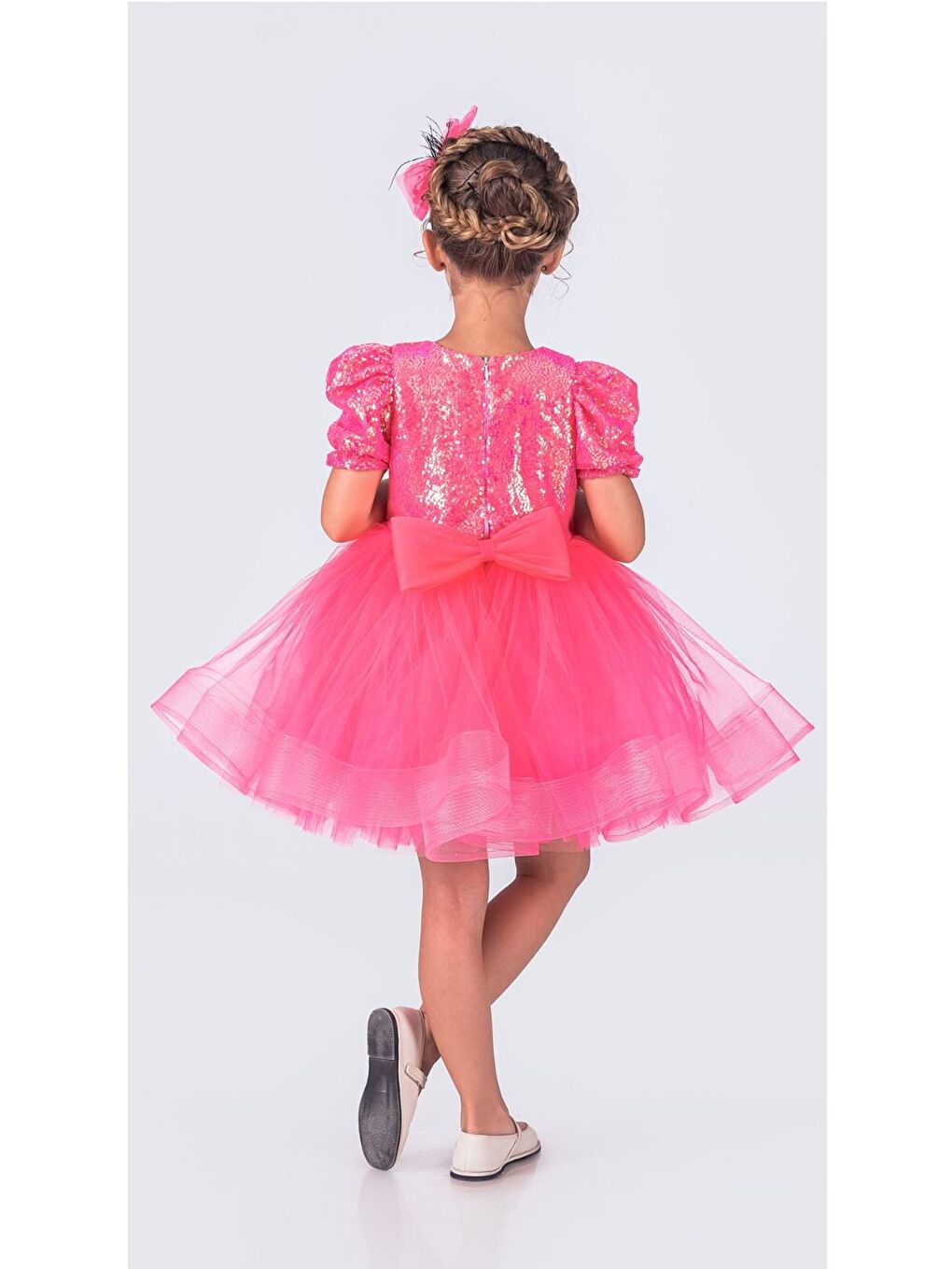 Fuşya Tütü Gren Etekli Kız Çocuk Pul Payetli Kısa Kol Kikidi Elbise MNK0601-9