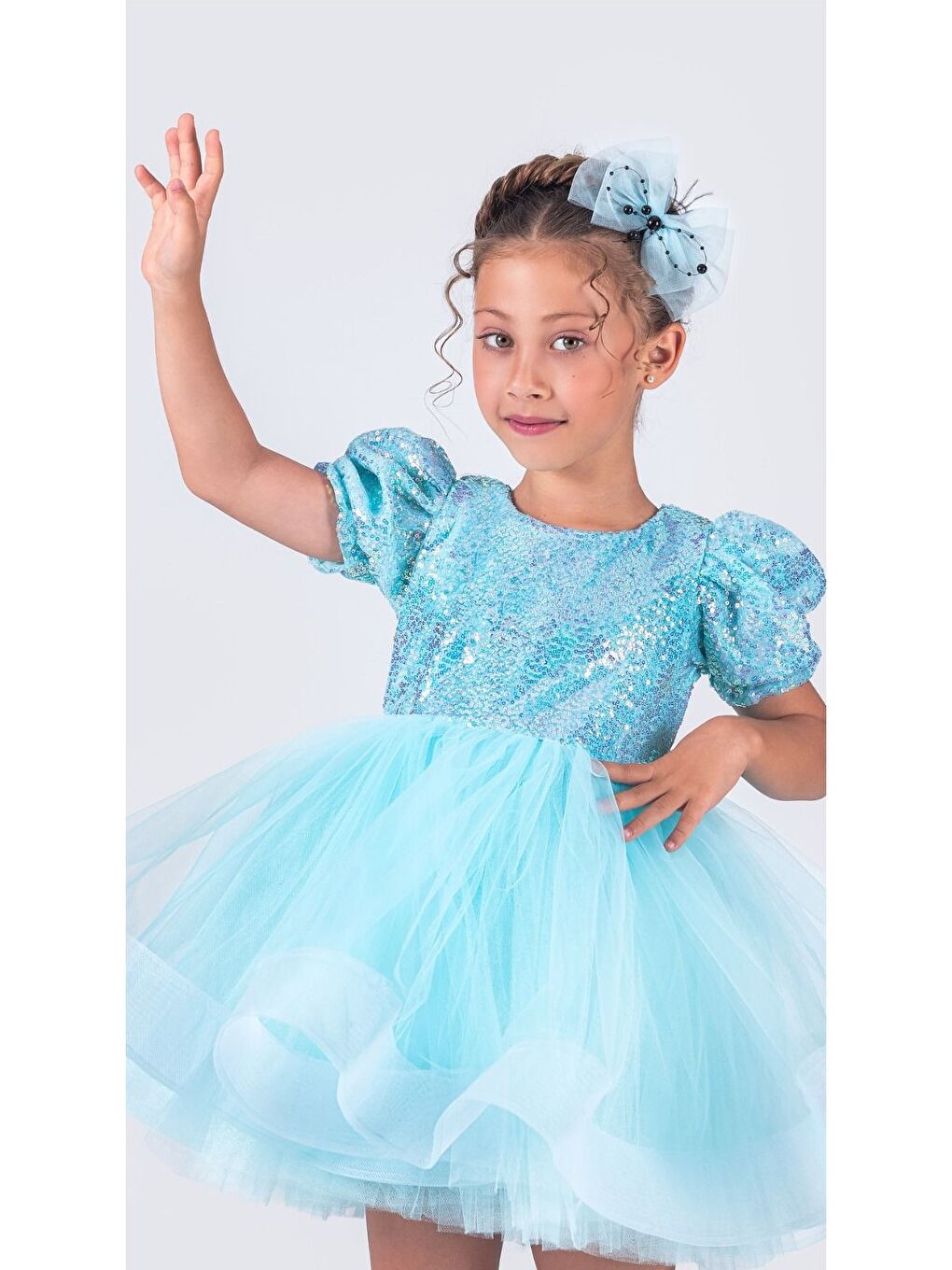 Turkuaz Tütü Gren Etekli Kız Çocuk Pul Payetli Kısa Kol Kikidi Elbise MNK0601-8