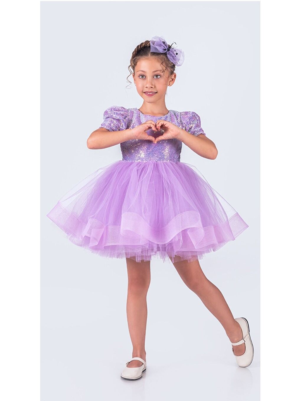 Lila Tütü Gren Etekli Kız Çocuk Pul Payetli Kısa Kol Kikidi Elbise MNK0601-7