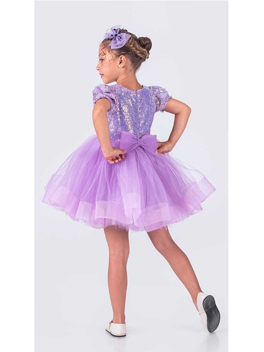 Lila Tütü Gren Etekli Kız Çocuk Pul Payetli Kısa Kol Kikidi Elbise MNK0601-8