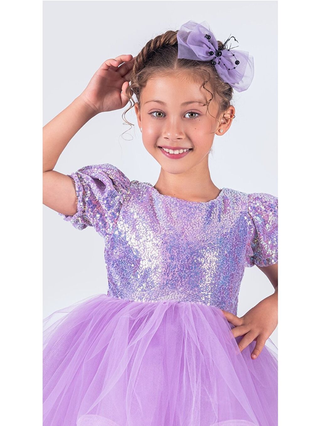 Lila Tütü Gren Etekli Kız Çocuk Pul Payetli Kısa Kol Kikidi Elbise MNK0601-9