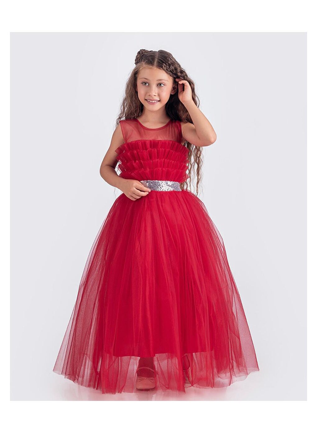Kırmızı Sapes Model Sırt Gipeli Tüllü Kız Çocuk Askılı Saten Abiye MNK0618-9