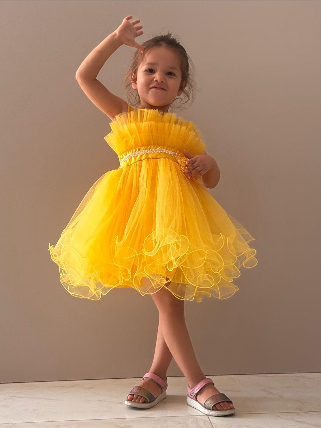 Sarı Kız Çocuk Tütülü Vena Elbise MNK285-2