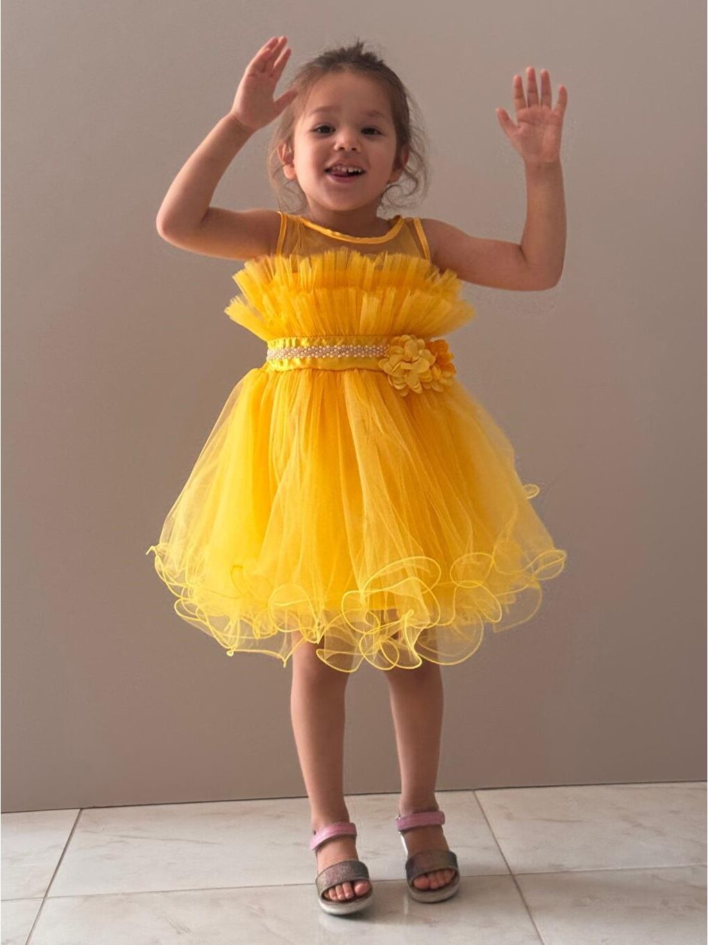 Sarı Kız Çocuk Tütülü Vena Elbise MNK285-4