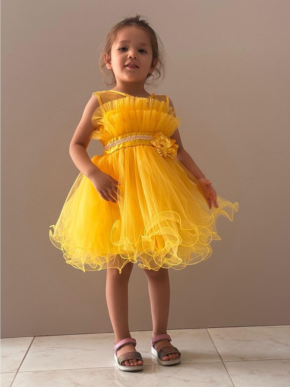 Sarı Kız Çocuk Tütülü Vena Elbise MNK285-5