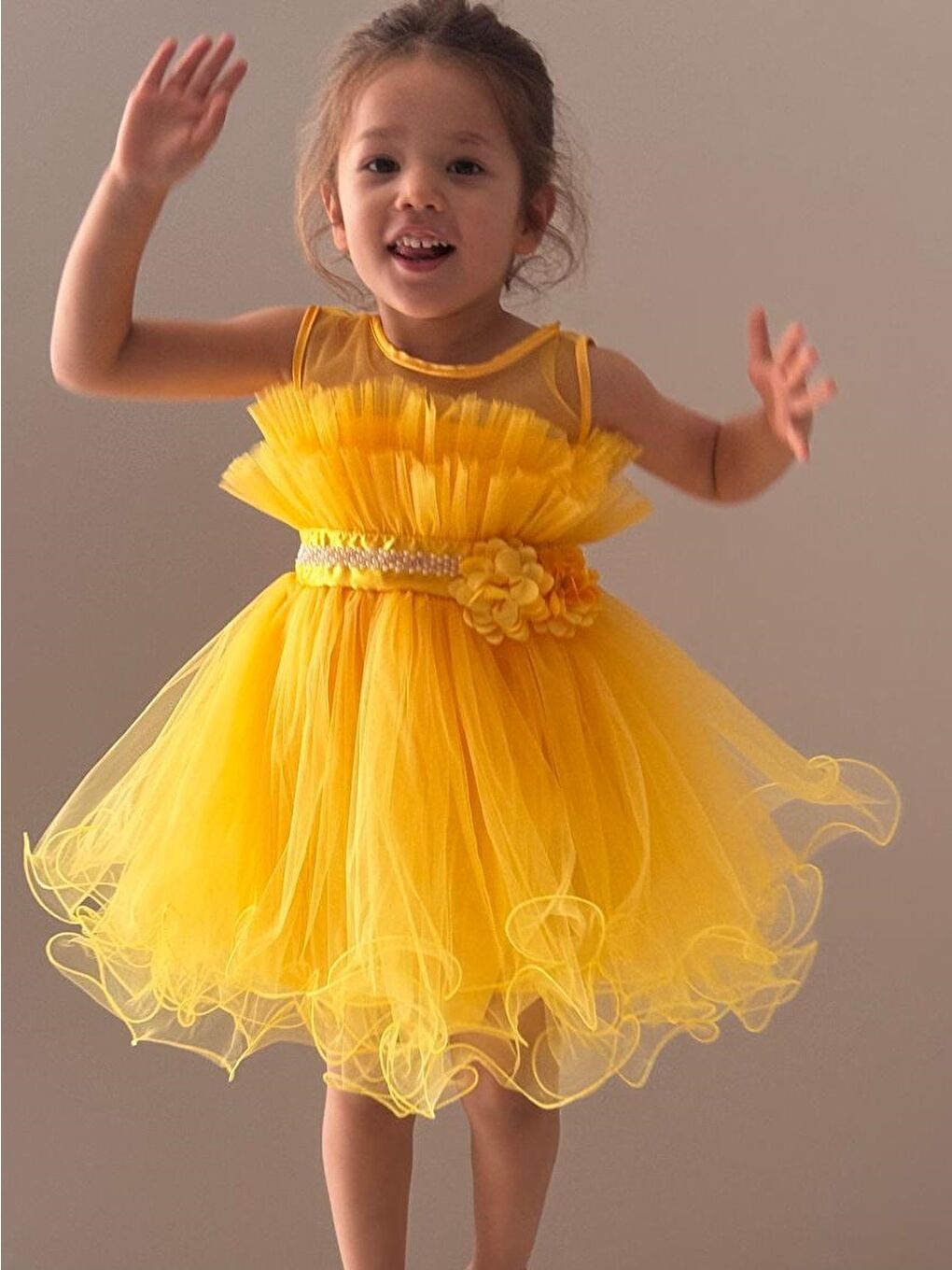 Sarı Kız Çocuk Tütülü Vena Elbise MNK285-6