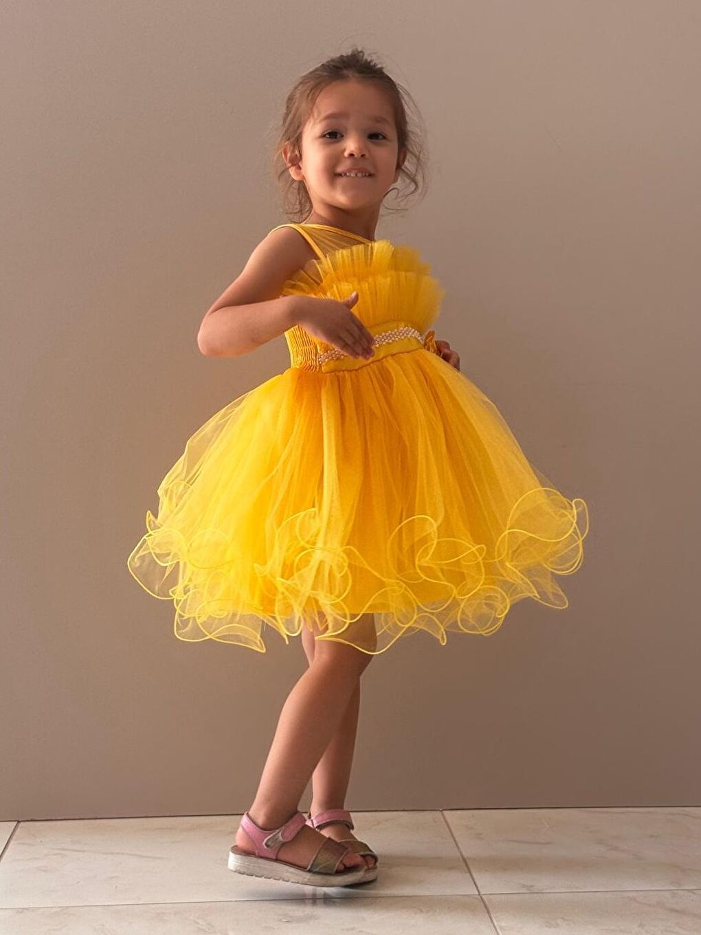 Sarı Kız Çocuk Tütülü Vena Elbise MNK285-7