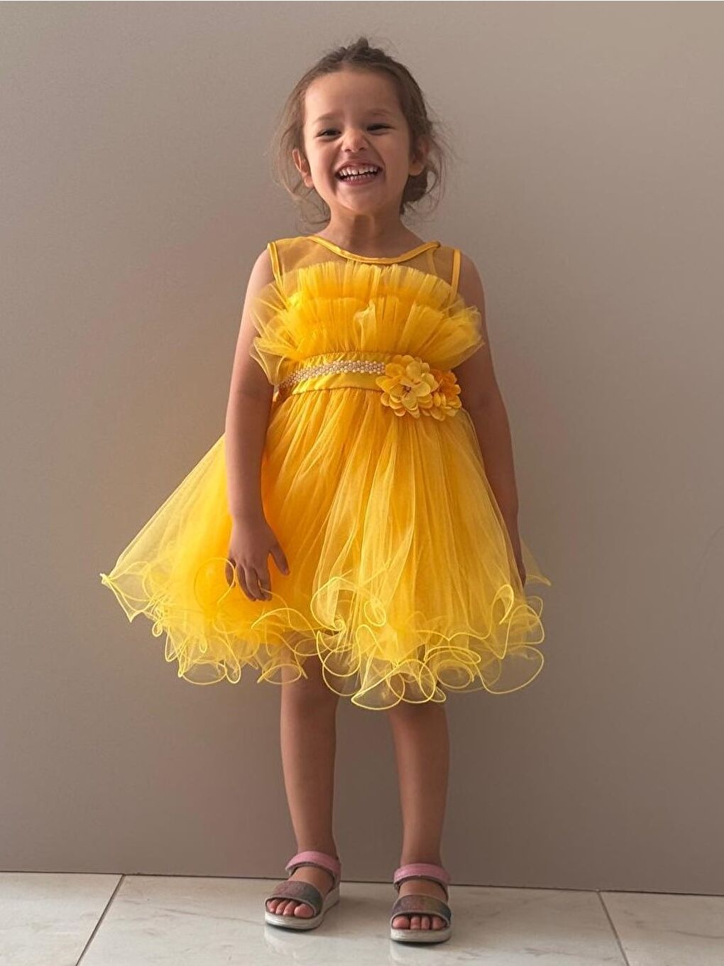 Sarı Kız Çocuk Tütülü Vena Elbise MNK285-8