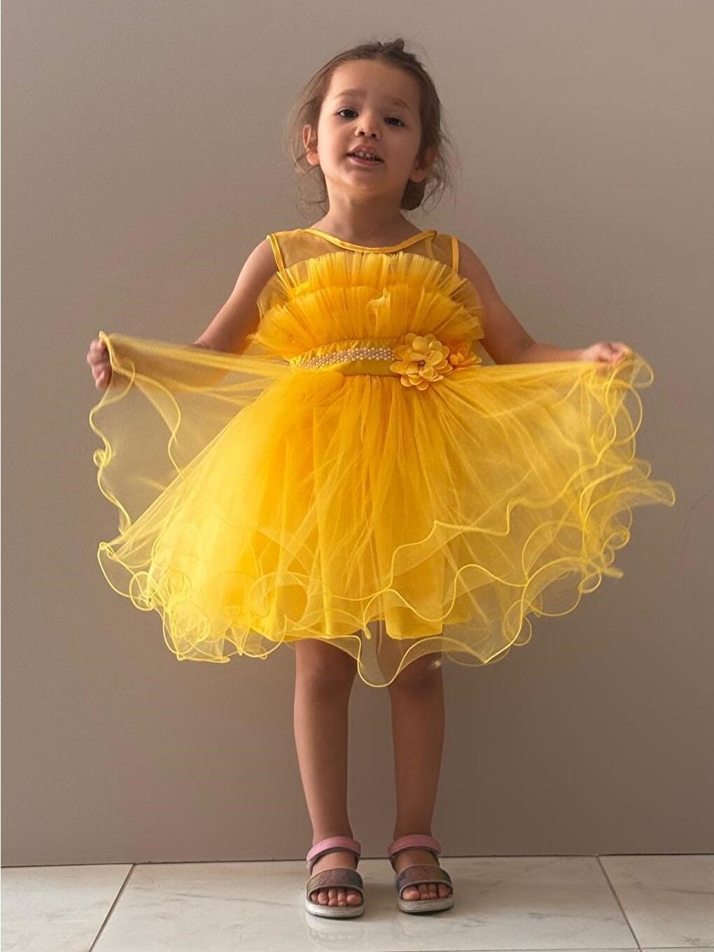 Sarı Kız Çocuk Tütülü Vena Elbise MNK285-9
