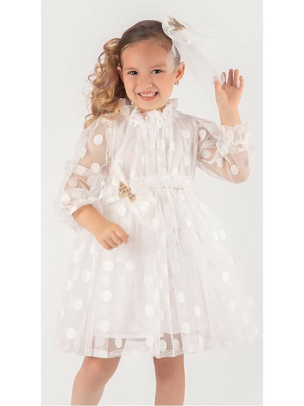 Beyaz İri Puanlı Dantel Kız Çocuk Elbise-9