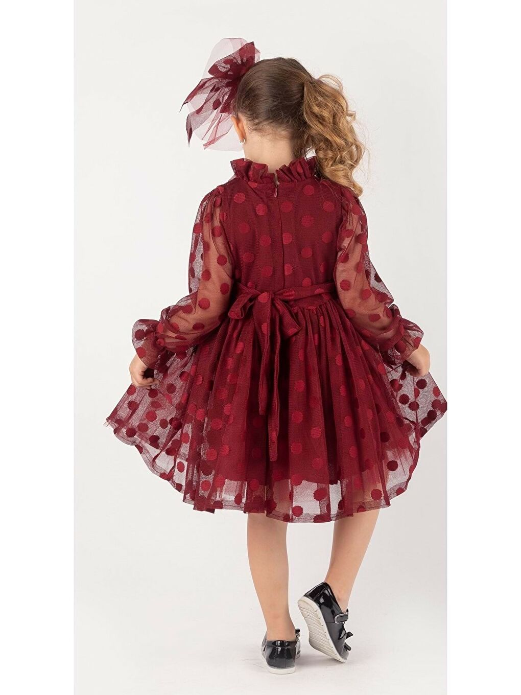 Bordo İri Puanlı Dantel Kız Çocuk Elbise-9