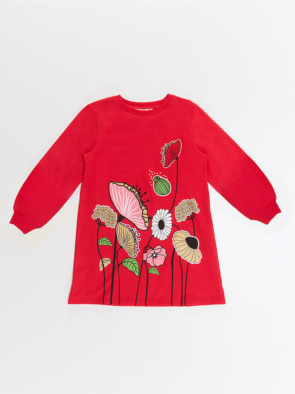 Çiçekli Kız Çocuk Kırmızı Elbise-5