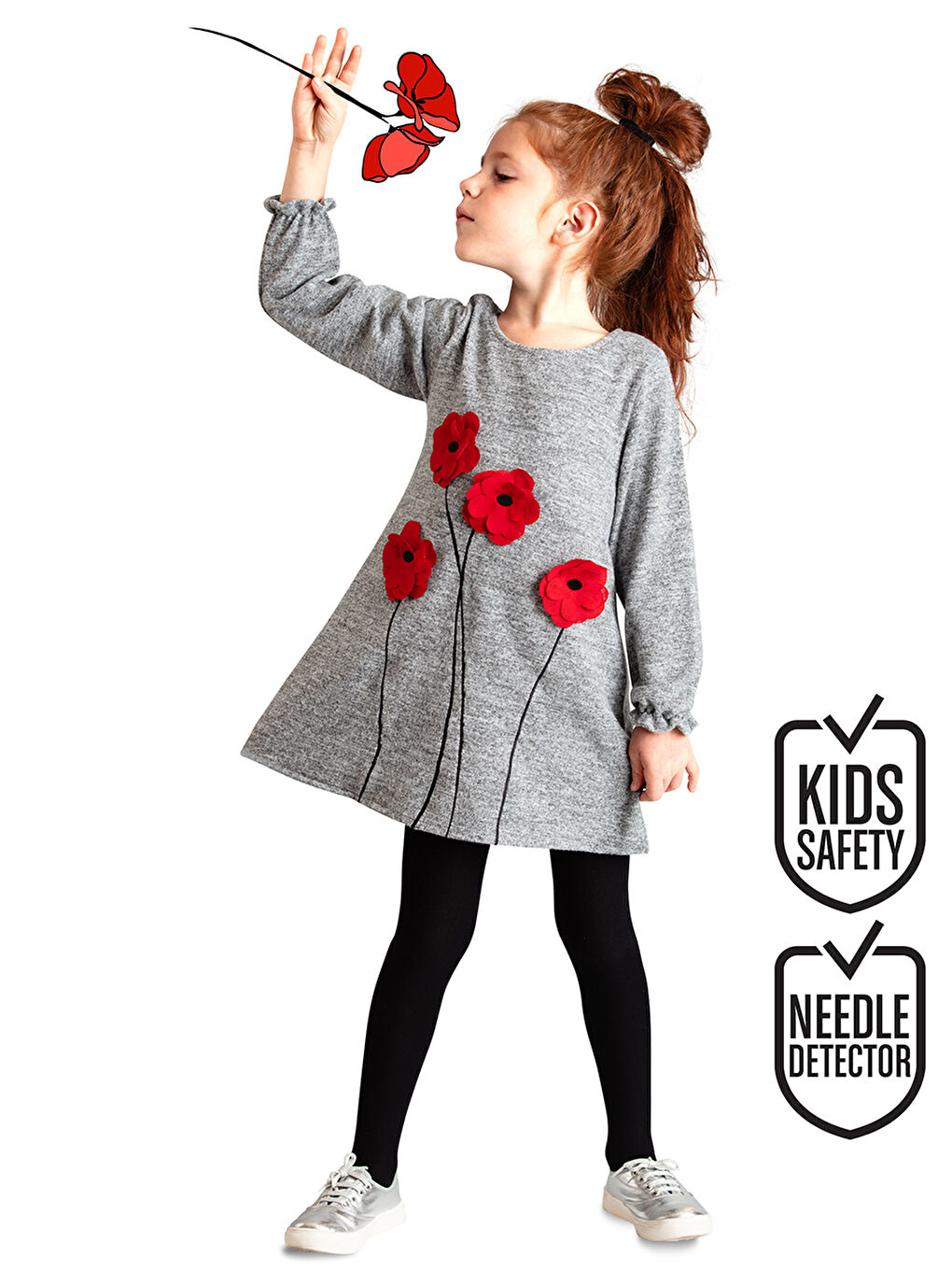 Poppy Çiçekli Gri Kız Çocuk Elbise-1