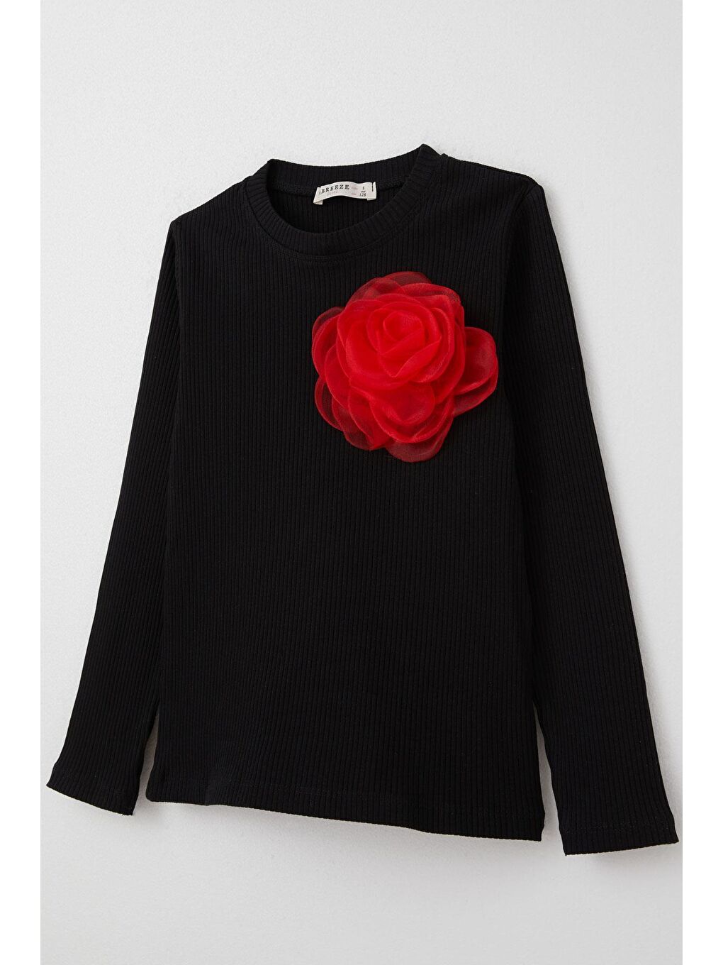 Kız Çocuk Uzun Kollu Tişört Gül Aksesuarlı Siyah (8-14 Yaş)-1