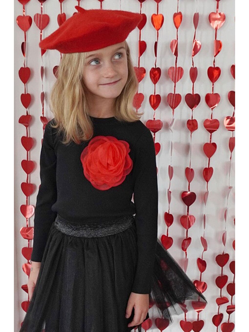 Kız Çocuk Uzun Kollu Tişört Gül Aksesuarlı Siyah (8-14 Yaş)-2