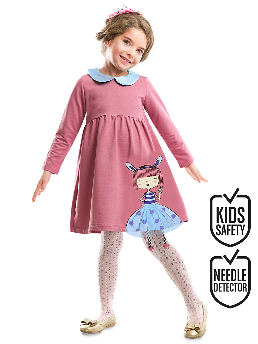 Karışık Tavşan Bebe Yaka Gülkurusu Kız Çocuk Elbise-1