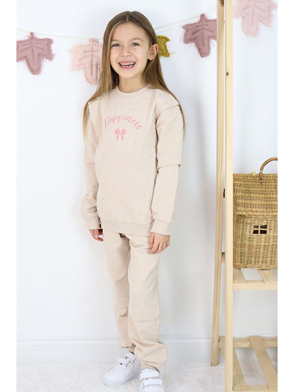Kız Çocuk Eşofman Takım Mutluluk Temalı Puantiye Desenli Bej (4-7 Yaş)-1