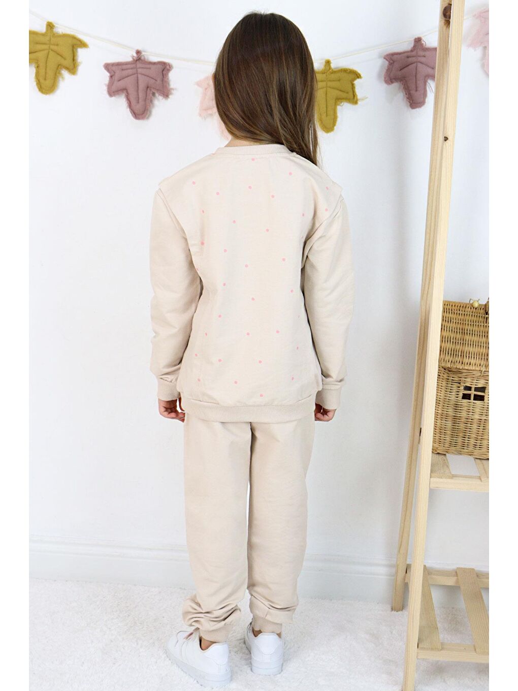 Kız Çocuk Eşofman Takım Mutluluk Temalı Puantiye Desenli Bej (4-7 Yaş)-2