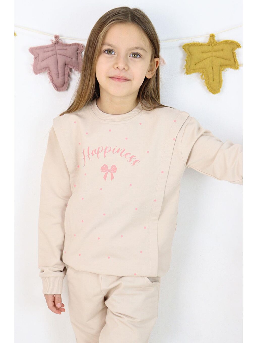 Kız Çocuk Eşofman Takım Mutluluk Temalı Puantiye Desenli Bej (4-7 Yaş)-3