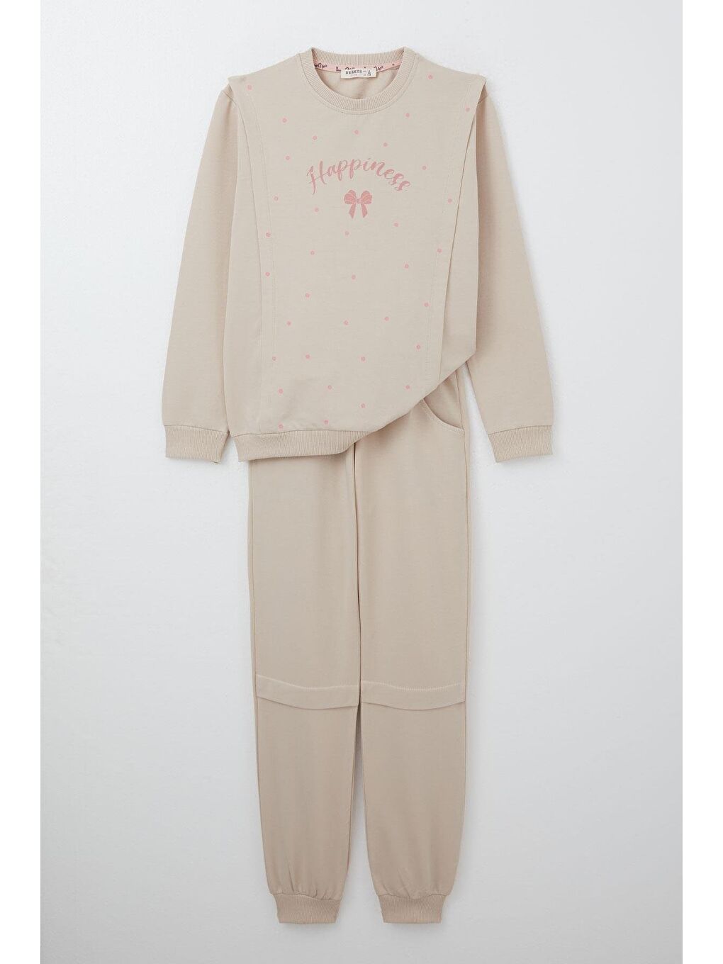 Kız Çocuk Eşofman Takım Mutluluk Temalı Puantiye Desenli Bej (4-7 Yaş)-4