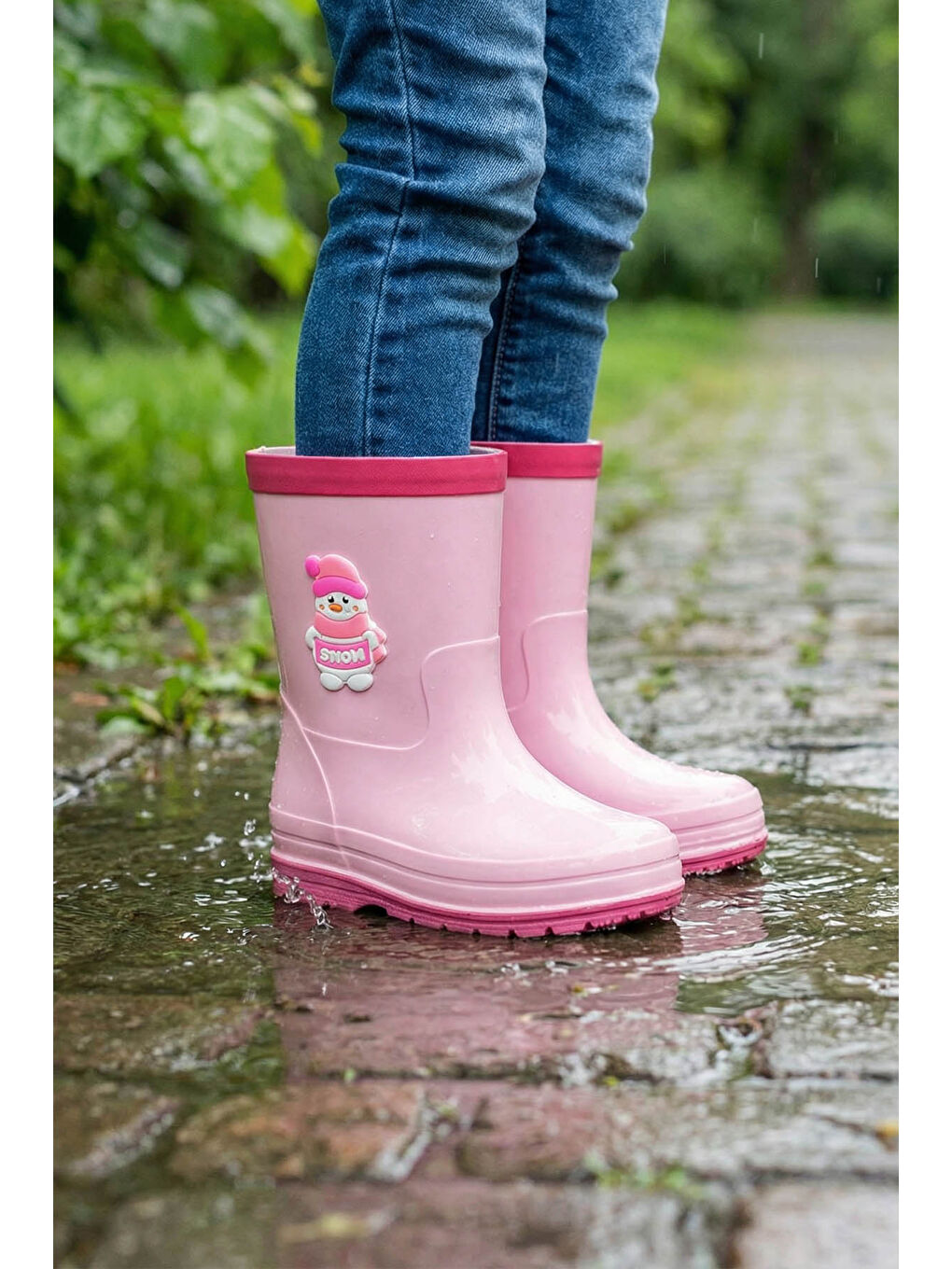 Pembe Kız Çocuk Kışlık İçinde Çıkarılabilir Ek Çoraplı Su Geçirmez Yağmur Bot Çizme
