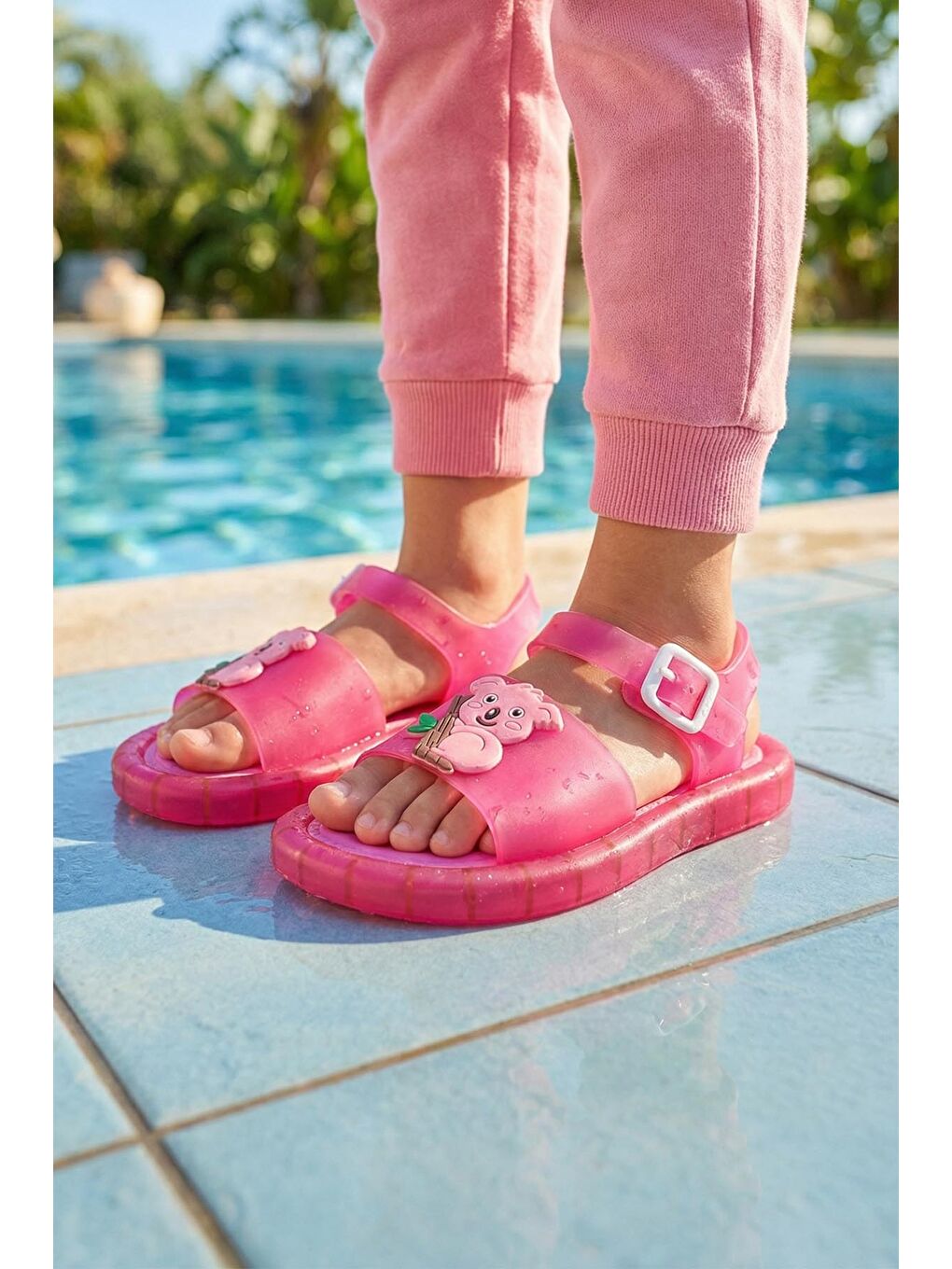 Fuşya Yazlık Kız Çocuk Suni Deri Işıklı Rahat Taban Bilekten Ayarlanabilir Günlük Sandalet