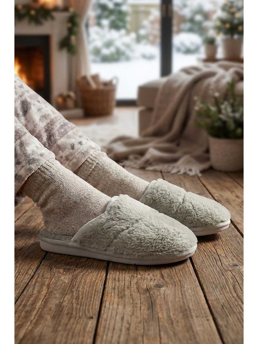 Yeşil Kadın Kışlık Rahat Taban Ev  Terliği