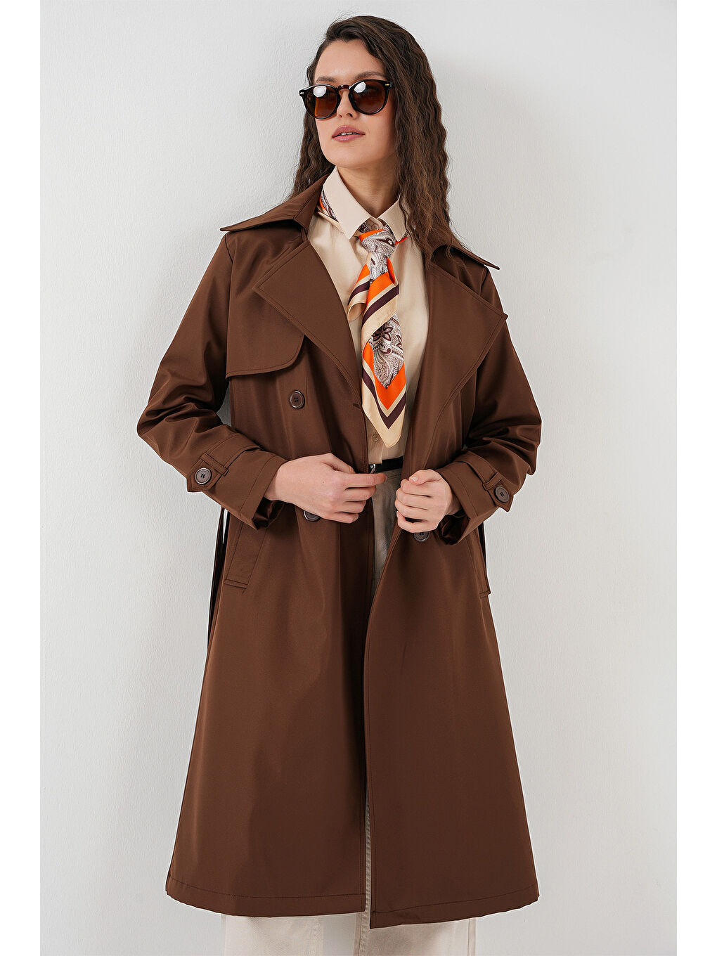 5918 Kruvaze Yaka Trençkot - Kahverengi